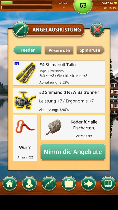 Reiter Feeder, Posenrute und Spinnrute in Fishing Baron mit einem Futterkorb, einer Rolle und dem Abnutzungswert 3,52 Prozent