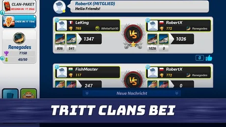Duellübersicht in Fishing Clash mit zwei Spielerkarten, Länderflaggen, Pokalzahlen und einem Ergebnis von 1347 Punkten aus zwei Fischen