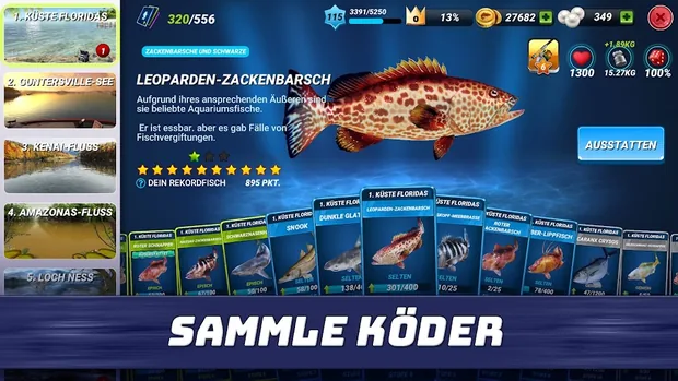 Deutsches Fischlexikon von Fishing Clash mit dem Leoparden-Zackenbarsch, Seltenheitssternen und dem Eintrag Dein Rekordfisch 895 Pkt.