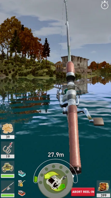 Wurfweitenanzeige 27.9m über einer runden Rollenscheibe in The Fishing Club 3D, darunter die rote Schaltfläche ABORT REEL-IN