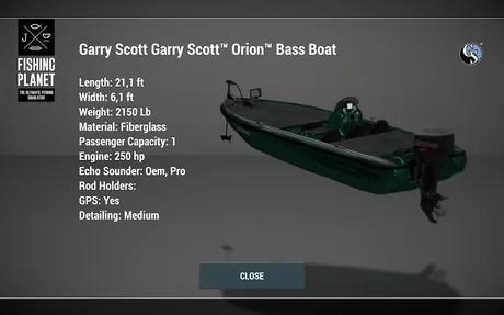 Datenblatt eines grünen Bassboots in Fishing Planet mit Engine 250 hp, Passenger Capacity 1 und GPS Yes