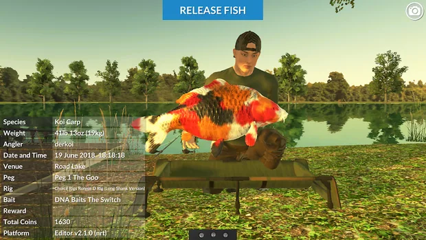 Fangprotokoll im Karpfen-Angel-Simulator mit Koi Carp, 41lb 13oz, dem Gewässer Road Lake und dem Eintrag Platform Editor v2.1.0