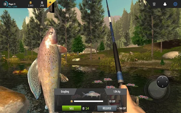 Äsche mit 1.84 kg und 83 EXP im Fangbalken von Professional Fishing, im Hintergrund Seerosen und eine blaue Rute