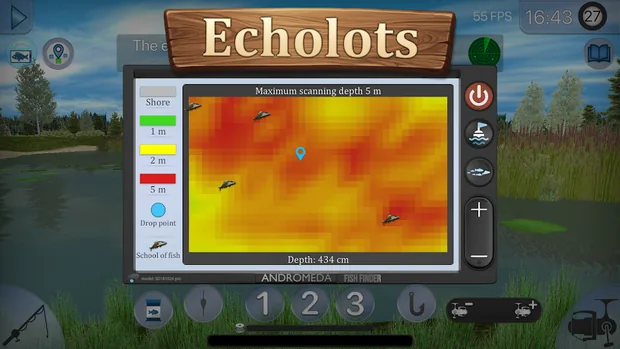 Echolot ANDROMEDA FISH FINDER in True Fishing 2 mit orangefarbener Tiefenkarte, einem Fischsymbol und der Zeile Depth 434 cm